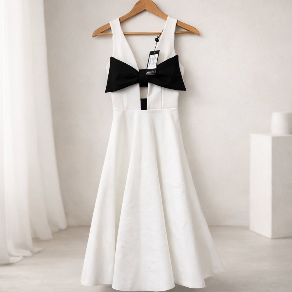Club L London Primrose White Plunge Neck Bow Midi Dress NWT US 2